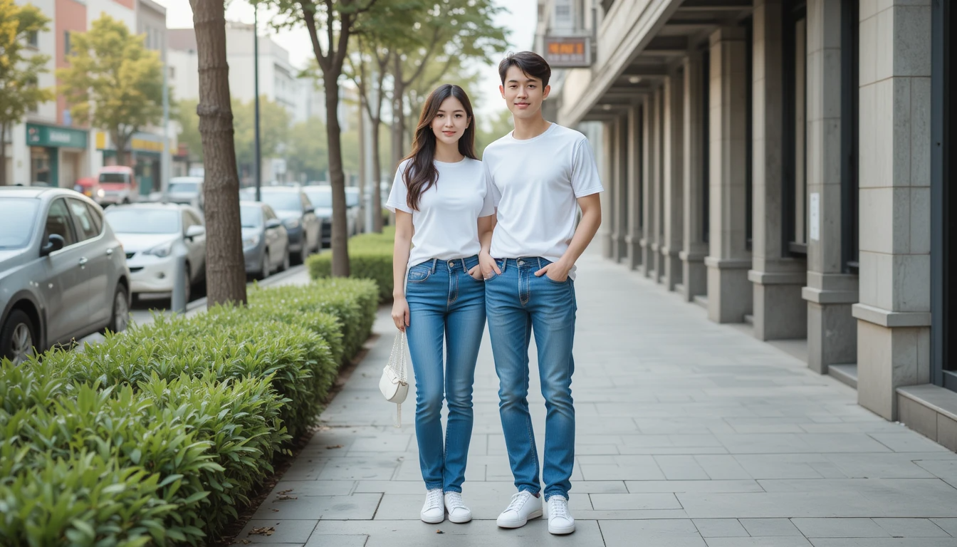 Cách phối áo thun trắng với quần jean năng động