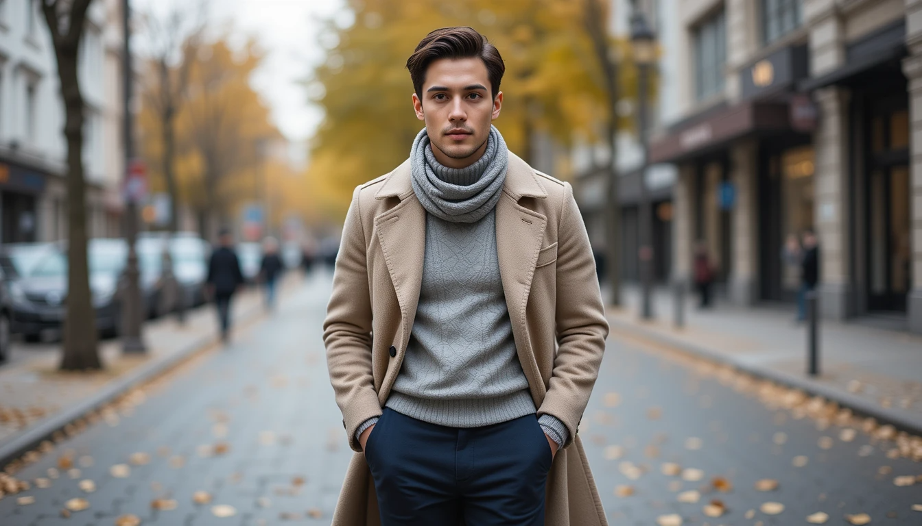 Nam giới mặc outfit thu đông thời thượng gồm áo cổ lọ, áo khoác dạ màu camel và khăn choàng, tạo dáng tự tin trên đường phố mùa thu.